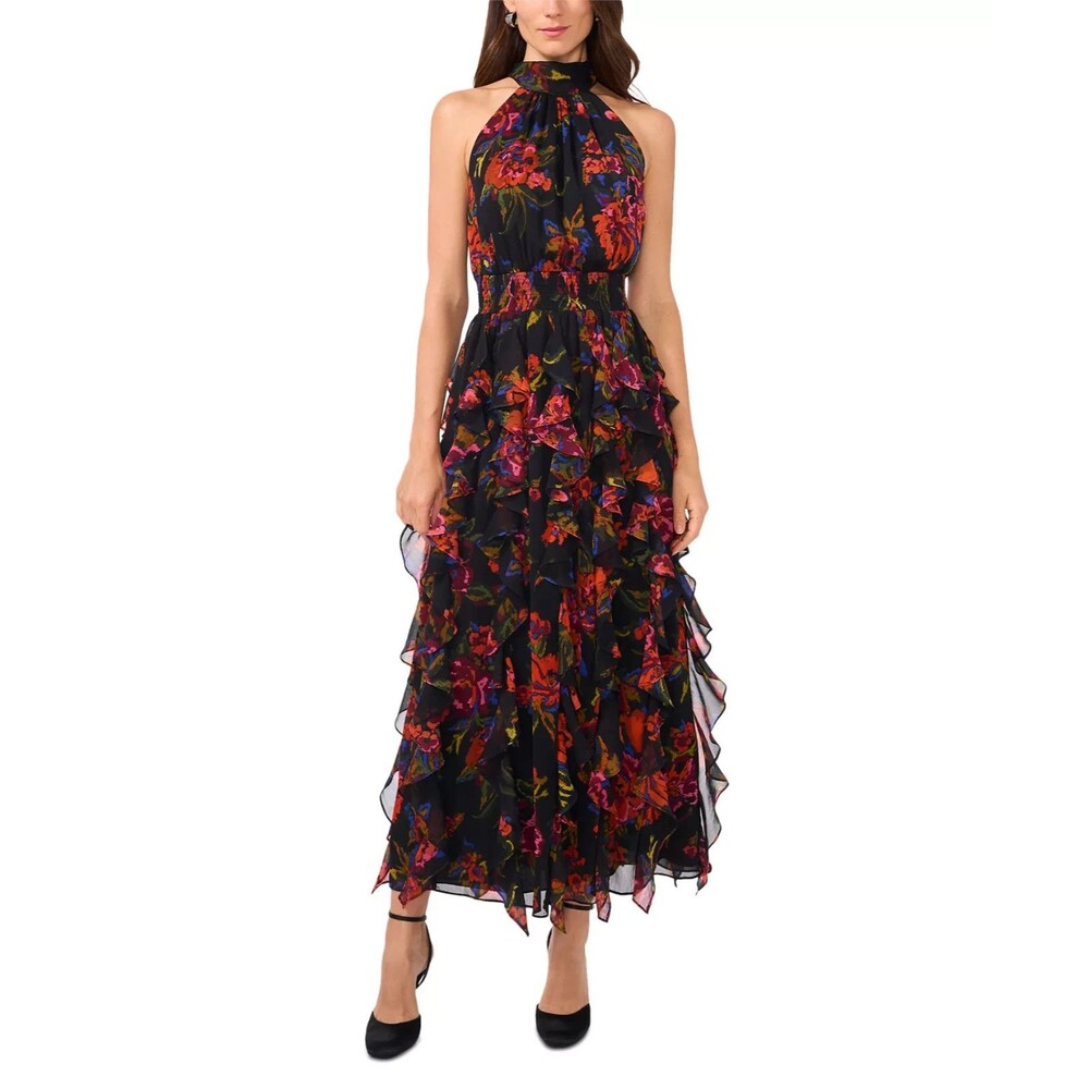 1.STATE Women's Floral Smocked Cascade-Ruffle Halter Maxi Dress Black Multi S